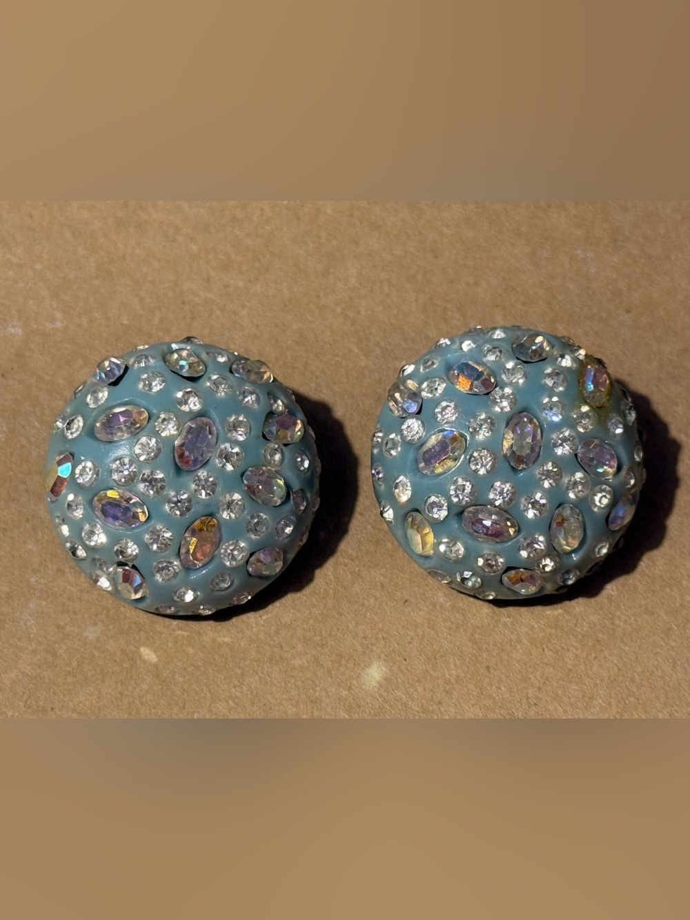Aqua Blue Rhinestone Dome Clip-On Earrings Vintage 80s